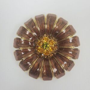 Vintage Brooch Pin Brown Enamel Topaz Yellow Green Rhinestone Floral‎ Large Big
